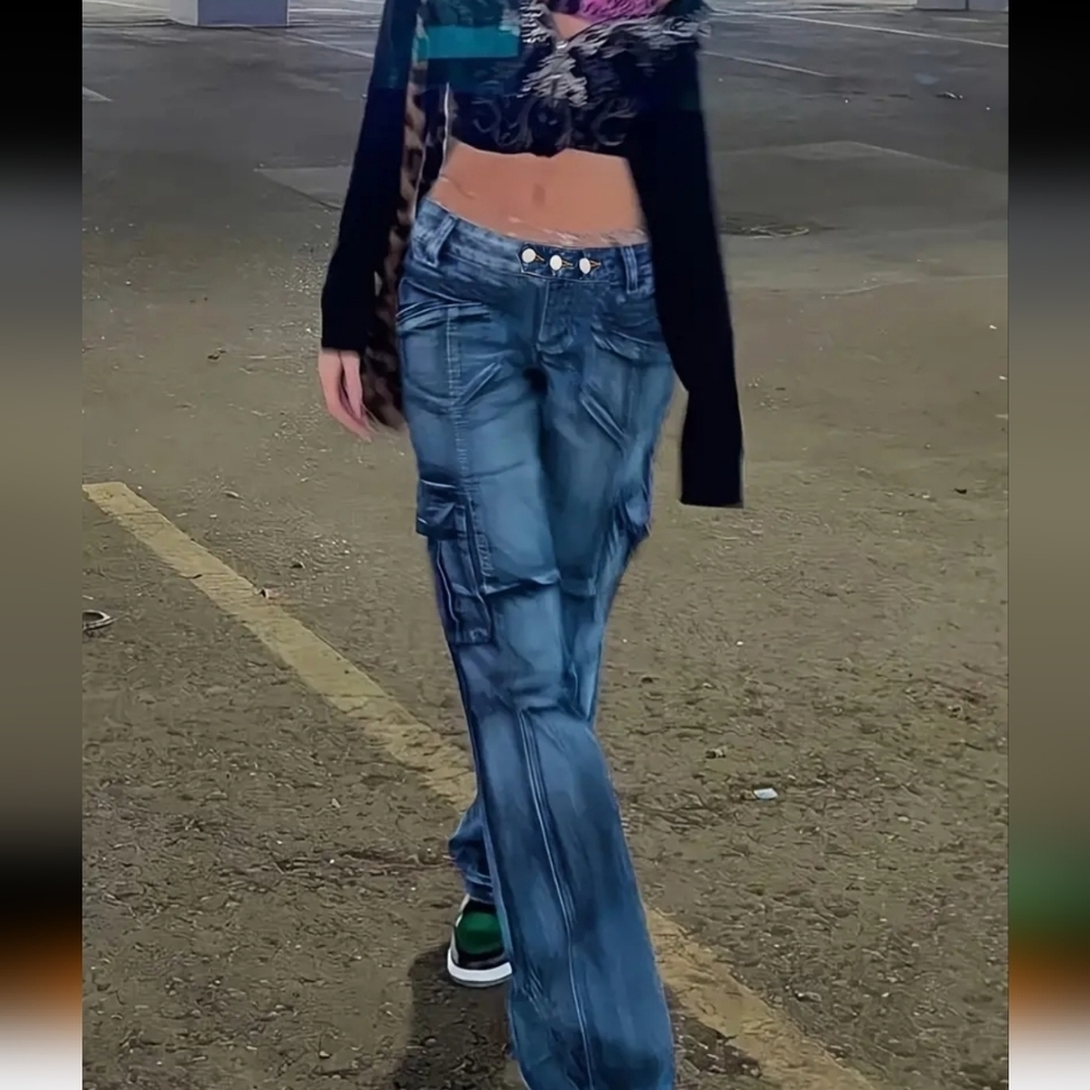 Low-Rise Cargo Jeans Flat Pocket Streetwear Inspired Size Large - Picture 2 of 8